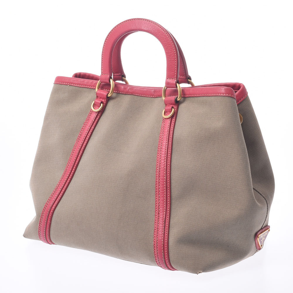 Prada Bag Canvas Beige Jacquard Pink Leather Tan Pink